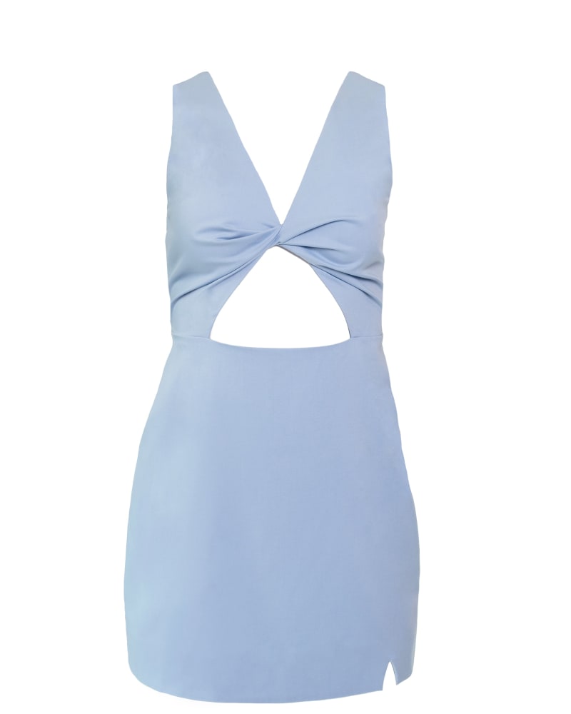 Front of a size XL Twist Front Mini Dress in Blue by Hilary MacMillan. | dia_product_style_image_id:286842
